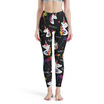 Damen Sports Leggings Cartoon Einhorn Tier Schwarz 3D-Druck Sporthose Yogahose Hohem Bund Push Up Tights White l von Gamoii