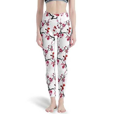 Gamoii Damen Sport Leggings Japanische Kirschblüten 3D-Druck Sporthose Yogahose Hohe Taille Dehnbar Jogginghose White s von Gamoii