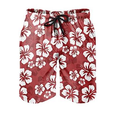 Herren Badehose Beachshorts Hawaii Hibiskus Blumen Rot Surf Shorts Klassisch Muster Print Mesh Futter Schwimmen Shorts Shorts mit Tunnelzug Taschen White XL von Gamoii