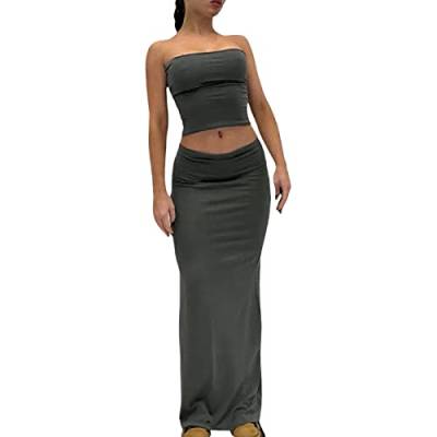 Geagodelia Zweiteiler Damen Sommer Langer Rock und Trägerlos Crop Top Oberteile Sexy Maxirock Set Y2K Party Club Outfit (E 01-Grau, S) von Geagodelia