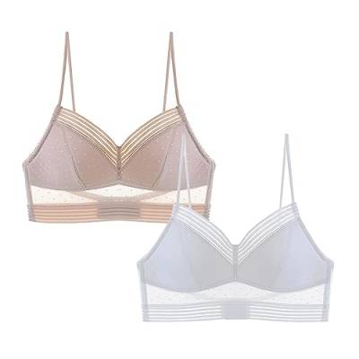 2 Pcs BH für Tiefen Rückenausschnitt Damen Spitzen BH Push Up Sexy U-förmiger Lifting-BH Komfort Bralette Ohne Bügel V-Ausschnitt Bustier Rücken-BH Unterwäsche (L, 03 Weiß+Beige) von Generic