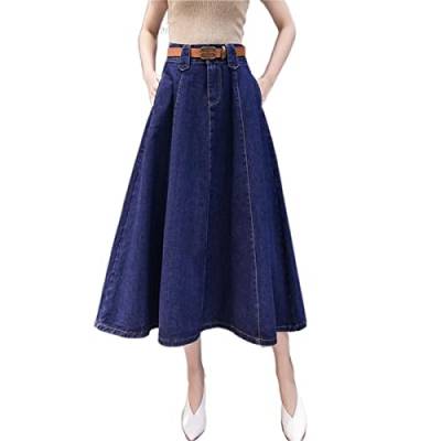 2023 Frauen Denim Swing Rock Mid Leng Halfskirt Korean High Einfacher Stil Taille Slim Solid Color Panel Mid Leng Rock Damen Langer Rock (Color : Dunkelblau, Einheitsgröße : XL) von Generic