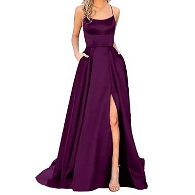 Ballkleider Damen Einfarbig Lang Hochzeit A-Linie Criss-Cross Satin Spaghetti Party Prom Satin Spaghetti Party Prom Dress Seitenschlitz Hochzeit Abendparty Kleid mit Taschen(I Violett,M) von Generic