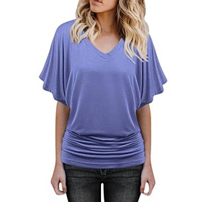 Bluse Damen Shirt Fledermaus V-Ausschnitt Blusenshirt Ruffles Kurzarm Bluse Tunika Übergröße Elegant Oberteile Locker Lässig Tops Lila von Generic