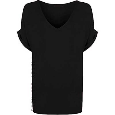 Damen-T-Shirt, lockere Passform, V-Ausschnitt, kurzärmelig, Top, 36-56 Gr. 50/52, schwarz von Generic