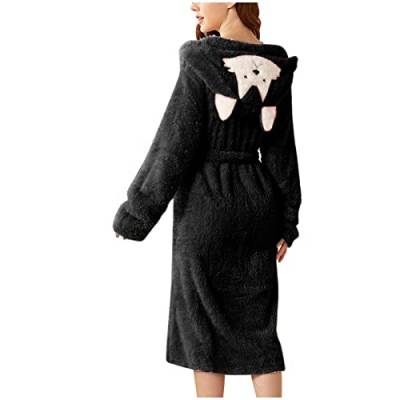 Damen-Bademantel aus Plüsch, 4 x Doppeltaschen, 3D-Ohren, mit Kapuze, Flanell, weich und warm, doppelseitiger Samt-Bademantel, Pyjama und Heimkleidung, Schwarz , 36 von Generic