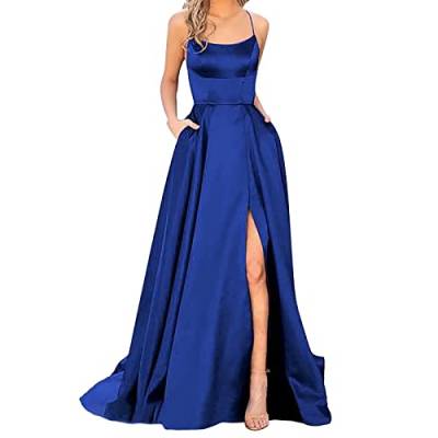 Damen Elegant Lange Ballkleider Satin A-Linie Backless Hochzeitskleid Abendkleider Sexy Neckholder Spaghetti Brautkleid Kleider Lang Prinzessin Brautjungfer Kleid von Generic