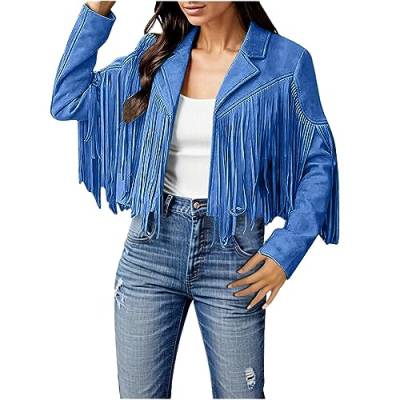 Damen Fransen Quaste Jacke Langarm FauxWildleder Lederjacke mit Fransen Strickjacke Mantel Freizeit Übergangsjacke autumnjacke Kurze Fransenjacke Motorradjacke Bikerjacke Kurz Jacken (Z1-Blue, M) von Generic