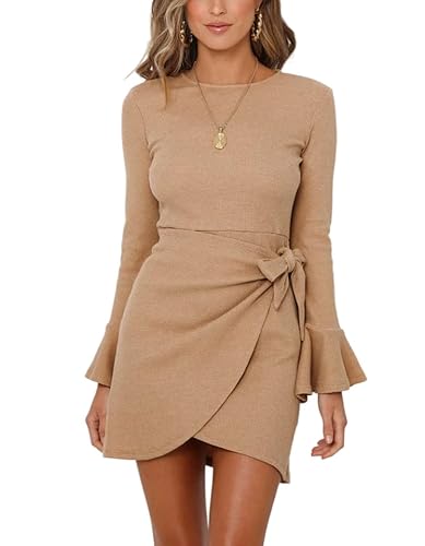 Damen Herbstkleid Strickkleid Rundhals Kleid Langarm Herbstkleid Pulloverkleid Elegant Midikleid Frauen Tunikakleider Klassic Casualkleid Umstandskleid (Khaki,L) von Generic