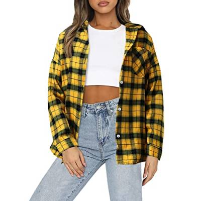 Damen Kariertes Hemd Blusen Karo Muster Overshirt mit Plaid Boyfriend Hemdbluse Button Down Sommer Tunika Tops Longshirt Hemd T-Shirt Casual Lange Tunika Oberteile Leicht Sommermantel von Generic