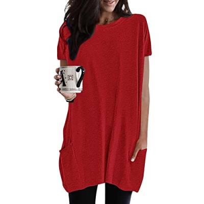 Damen Lang Shirt Rundhals Kurzarm Oberteil Einfarbig T-Shirt Tunika Loose Casual Kurzarmshirt mit Tasche Elegant Pullover Sweatshirt Lässig Tops Rundkragen Oversize Longshirt von Generic