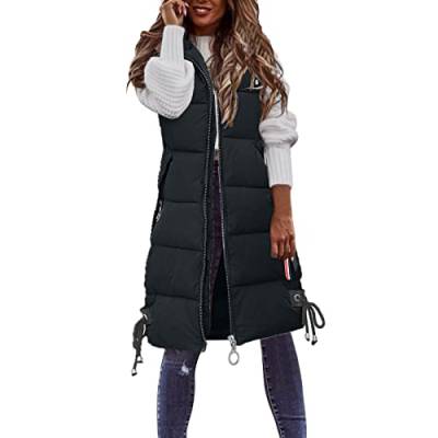 Damen Lang Weste Steppweste Winter Daunenweste Übergangsweste Winterjacke Longweste Winterweste Leichte Warm Gesteppt Casual Reißverschluss Pufferjacke mit Kapuze Daunenmantel von Generic