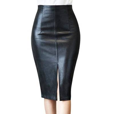 Damen Lederrock Lang A-Linie Maxirock Sommer Röcke Wickelrock Bleistift Rock Sommerrock Knielange Rock mit Schlitz Casual Skirts High Waist Röcke für Frauen Schwarz 3XL von Generic