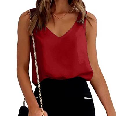 Damen Satin Tank Top Strap Basic Cami Sommer Weste Shirt Lässiges V-Ausschnitt Cami Ärmellose Chiffon Blusentop Casual Tank Bluse Shirt von Generic