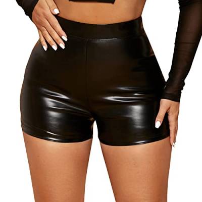 Damen Sexy Leder Shorts Glanz Hohe Taille PU Lederoptik Kurze Hose Push up Lederimitat Kunstlederhose Leggings Kunstleder-Optik Kurze Hose (Schwarz, M) von Generic