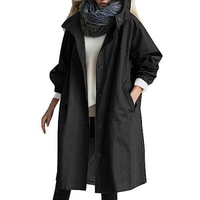 Damen Trenchcoat mit Kapuze Langer Mantel Übergangsjacke Klassische Herbst Frühling Jacke Winddichter Übergangsmantel Solid Trenchcoat Damen Klassische Long Spring Jacke Damen Coat (02-Black, XL) von Generic