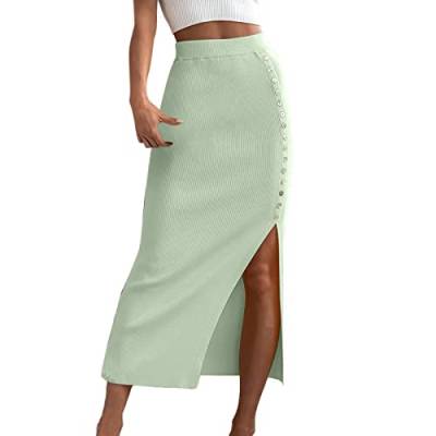 Damen Wickelrock Lang Sommer Midirock Elegant A-Linie Rock Enger Knielange Röcke Sommerrock Hohe Taille Casual Skirts mit Schlitz Röcke für Frauen Grün M von Generic