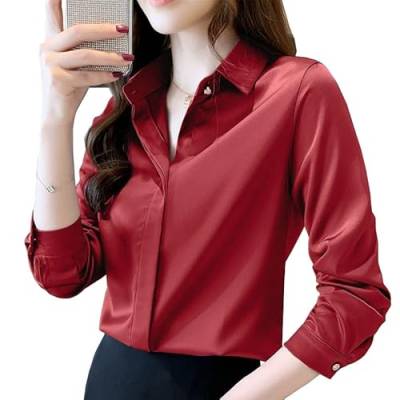 Elegantes glänzendes Seidensatin-Hemd für Frauen Langarm Solide Blusen Pullover Mode Tops Übergröße, Rot/Ausflug, einfarbig (Getaway Solids), Groß von Generic
