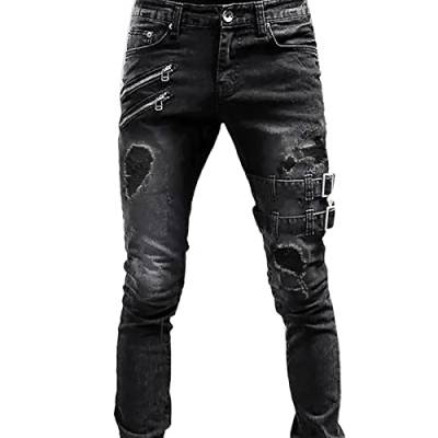 Fit Ripped Casual Herren Mid-Rise Slim Jeans Hose Gerade Herrenhose Authentische Jeans für Männer, Schwarz , 34-37 von Generic