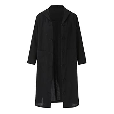 Fleece Cardigan Langer Trenchcoat aus Baumwolle und Leinen mit Kapuze, japanischer Retro-Mantel aus losem Leinen Herren Mantel Olive (Black, XXXL) von Generic