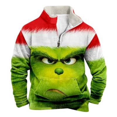 Fleece Sweatshirt Herren Grinch Pullover Weihnachtspullover mit Halbem Reißverschluss Stehkragen Lustig 3D Druck Wintermantel Weihnachts Oberteile Jungen Teenager Weihnachtspulli Chrismas Kostüm von Generic