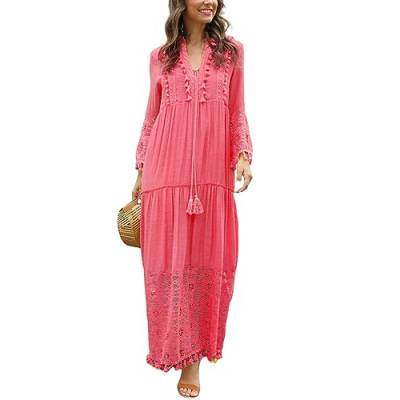 Frauen Lange Ärmel Langes Kleid Sexy V-Ausschnitt Floral Lässig Langes Kleid Ästhetik Kleid (Pink, XL) von Generic