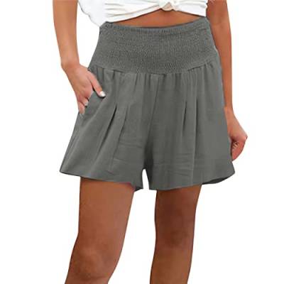 Kurz Hose Damen Sommer Casual Kurze Hosen Tunnelzug Elastische Stoffhose Hotpants Strand Shorts Elegant Einfarbig Shorts mit Taschen Breites Bein lose beiläufige Hosen(B Grau,3XL) von Generic