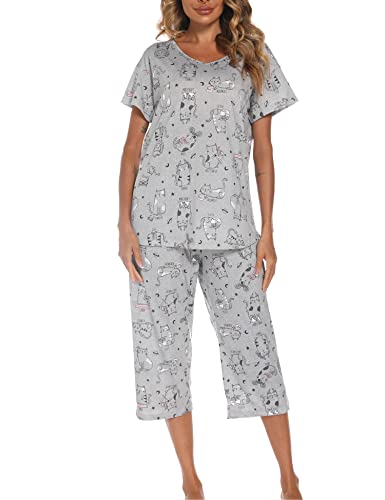 Schlafanzug Damen Kurz-Kurzarm-Top und 3/4 Lange Hose Pyjama(XX-Large,graue Katze) von Generic