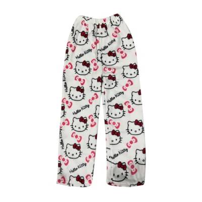 Hello Pyjama Kitty Hose Pants Kawaii Schwarz Damen Schlafanzug Winter Hello Pyjama Kitty Hose Plush XXL Cute Set Baumwoll Bademantel Damen Hosen Pinke Bademantel Damen Pink Hello (Weiß, XL) von Generic