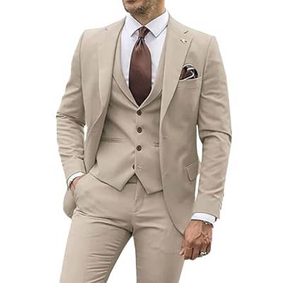 Herren 3 Stück Casual Tuxedo Anzüge Kerbe Revers Slim Business Anzug Set Hochzeit Prom Party Blazer Jacke Weste Hose (Khaki,XL) von Generic