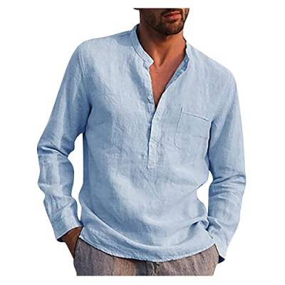 Herren Langarm Hemd Weiß Leinenhemd Long Sleeve Stehkragen Shirts Men Button Down Kurzarmhemd Leinen-Shirt Mens Polo Shirtsmens Workout Hemden,Langarm Sky Blue,3XL von Generic