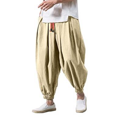 Herren Leinen Baumwolle Haremshose Einfarbige Freizeithose Herren Atmungsaktive Pumphose Stretch Verschärfen Hosenbein Pluderhose Leichte Elastisches Sport Jogginghose A-Khaki XL von Generic