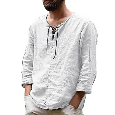 Herren Mittelalter Leinenhemd Sommer Herbst Hemden Langarm Retro-Kragen mit Schnürung, Männer Freizeithemd Casual Leinen Yoga Shirt Fisherman Sommerhemd von Generic