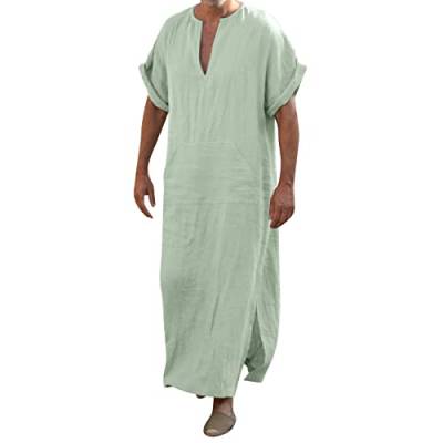 Herren Muslim Kaftan Baumwolle Leinen Muslimische Dubai Robe Herren V-Ausschnitt Seite Split Kurzarm Robe Nachthemd Muslimische Kleider Muslim Ethnische Maxikleid Ramadan Roben Taiji Kleidung von Generic