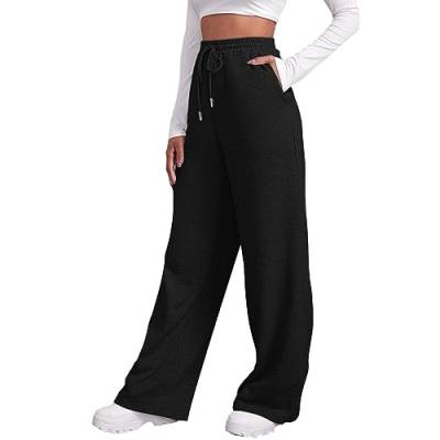 Jogginghose Damen Elegant High Waist Lang Weite Hose Yogahose Sporthose Einfarbig Palazzo Hose Gerades Bein Kordelzug Lose Lounge Hose mit Taschen von Generic