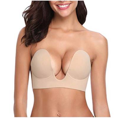 Klebe BH, Trägerlos Push Up BH Unsichtbar Silikon Selbsteklebende BH Damen für Rückenfreies Abendkleid, Ballkleider, Brautkleider (Beige, M) von Generic