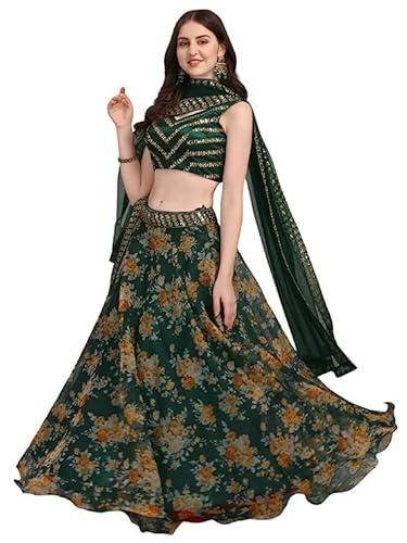 Lehenga Choli Organza-Zari-Pailletten für Damen, halbgenäht, freie Größe bis 106,7 cm, Grün (Lehenga genäht und Bluse nicht genäht), schwarz / pink, Einheitsgröße von Generic