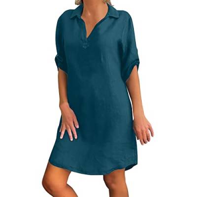 Leinenkleid Damen Sommer - Sommerkleid Knielang Tshirt Kleid Große Größen Blusenkleid mit Knöpfen V-Ausschnitt Revers Baumwolle Leinen Einfarbige Vintage Kleider Hemdkleid Shirtkleid von Generic