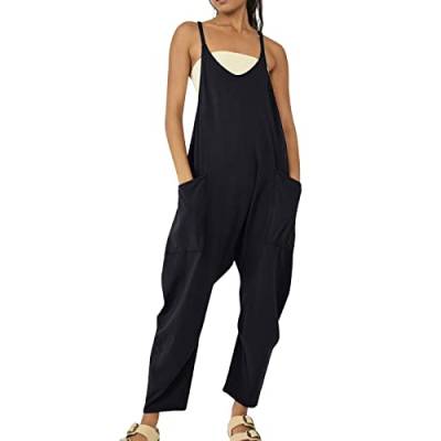 Lose Latzhose Damen Ärmellose Overalls Boho Jumpsuit mit Träger Taschen Retro Sommerhose Blumen Playsuit Rompers Jeanslatzhose Lange Wide Leg Hosen Trägerhose#51 von Generisch