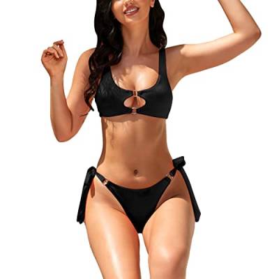 Mini Bikini Trägerlos Bikini-Set für Damen, Badeanzüge, mitteltaillierter Ausschnitt, Spaghetti-Träger, Metallring-Dekoration Bikini Rasierer Damen (2-Black, L) von Generic