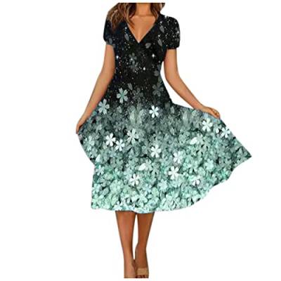 Mittelalter Kleidung Damen Kleid schwarz Paillettenkleid V-Ausschnitt Blumen Bedruckt Kurzarm Swing Kleid high Waist Ballkleider Plissiertes Kleid Damen Kleider (Grün, 3XL) von Generic