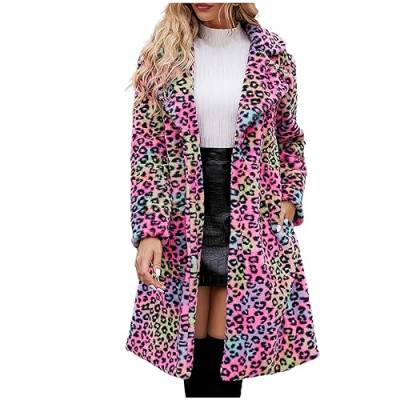 Pelzmantel Damen Elegant Langes Winterjacke Kunstpelz Jacke Mantel Winter Coat Jacket Warm Fleecejacke Plüschmantel Trendy Leopardenmuster Trenchcoat 2024 Silvester Outfit Oberbekleidung Pink 3XL von Generic