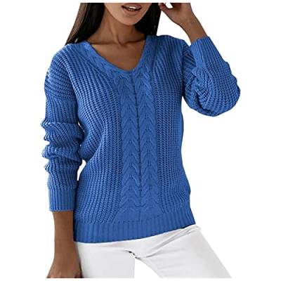 Pullover Damen Elegant Strickpullover V-Ausschnitt Lang Winter Winterpullover Elegant Rundhals Sweatshirt Frauen Langarm Herbst Oberteile Damenpullover Tops Pullis von Generic