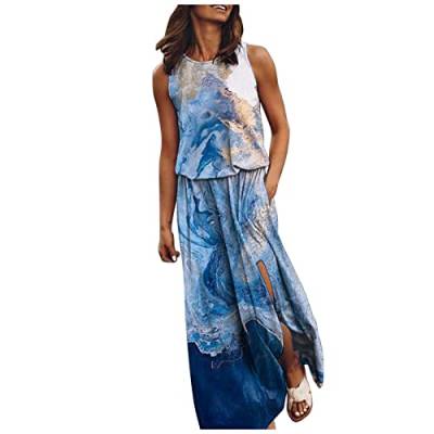 Rockabilly Kleider Damen Frauen Maxikleider Sommer O-Ausschnitt Ärmellos Split Langes Kleid Lässiges Boho Tankkleid Strand Sommerkleid mit Tasche Partykleider Cocktailkleid Kleider Hawaii Kleid von Generic