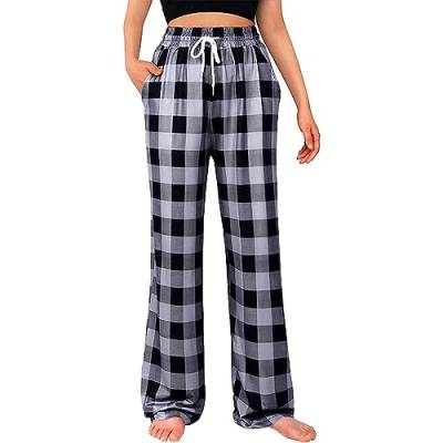 Schlafanzughose Damen Lang Flanell Baumwolle Karierte Pyjamahose Winter Weich Nachtwäsche Hose Schlafhose Freizeithose Strandhose mit Taschen Kordelzug von Generic