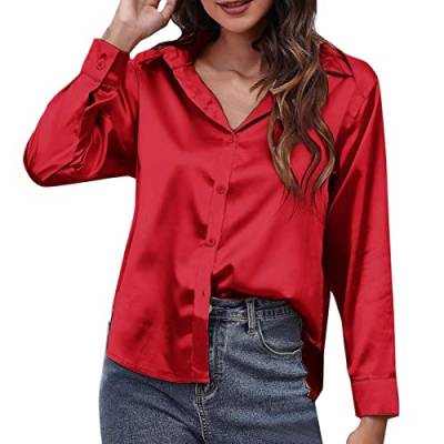 Sommer/Frühling Bluse für Frauen Satin Nachahmung Seide Einfarbig Langarm Hemd Button Down Kleidung Abend Bequeme Tops Blusen Shirts Tops, rot, 34 von Generic