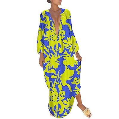 Sommer Maxikleid Damen Sommerkleider Strandkleid Freizeitkleid Elegante Boho Druck Lange Lose Oversize Kleid V-Ausschnitt Maxikleider Kleid Lang Blumen Strandponcho (04-Yellow, XXL) von Generic