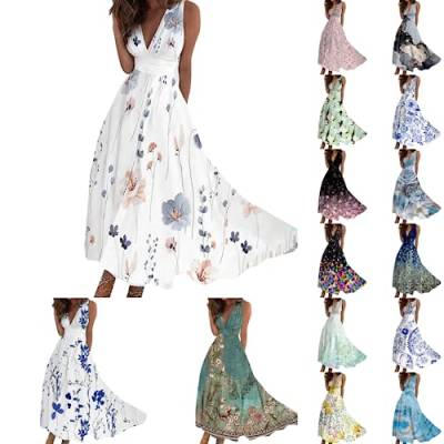 Sommerkleid Damen V-Ausschnitt Lang Kleid Blumenkleid A-Linie Maxikleid Vintage Boho ärmellos Strandkleid Lose Kleid Casual Partykleid von Generic