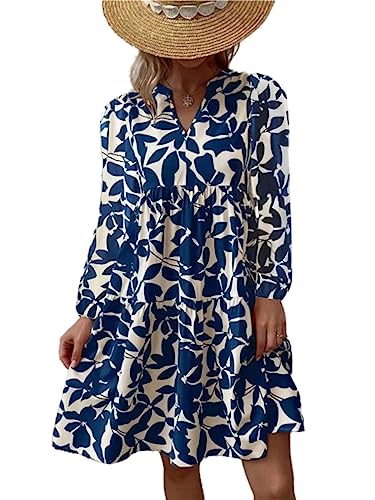 Sommerkleid Knielang Damen Strandkleid Lange Ärmel Swing Tunika Lässiges Kleider lockeres Kleid Blumendruck V-Ausschnitt Strandkleid Minikleid Sexy Elegant Boho Frauen Blusenkleid (Blau.-L,XL) von Generic