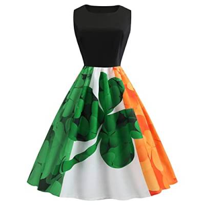 St. Patricks Day Kostüm Damen, Damen Kleider Ärmelloses Rundhals Swing Cocktailkleid Kleeblatt Drucken Partykleid mit Schleife Damen Elegant Abendkleid Retro St. Patricks Day Kleid von Generic